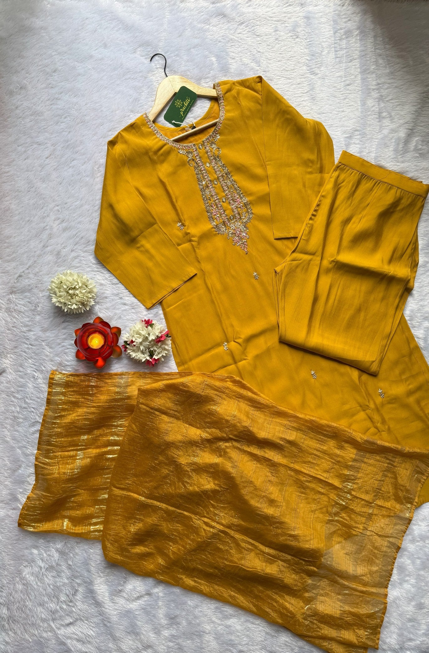 Yellow Roman Silk Kurti with Organza Banarasi Dupatta