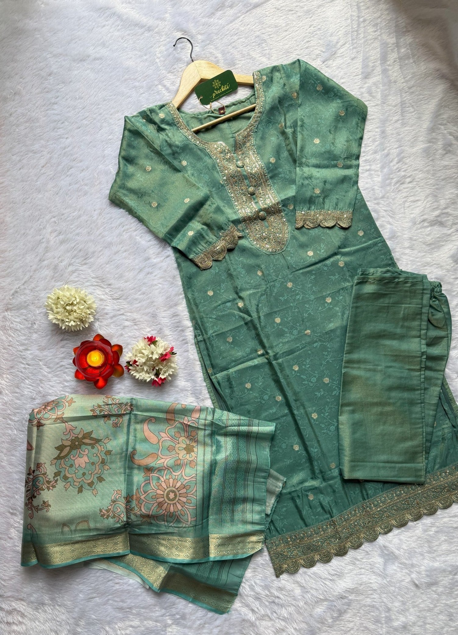 Green Shimmer Suit with Banarasi Dupatta
