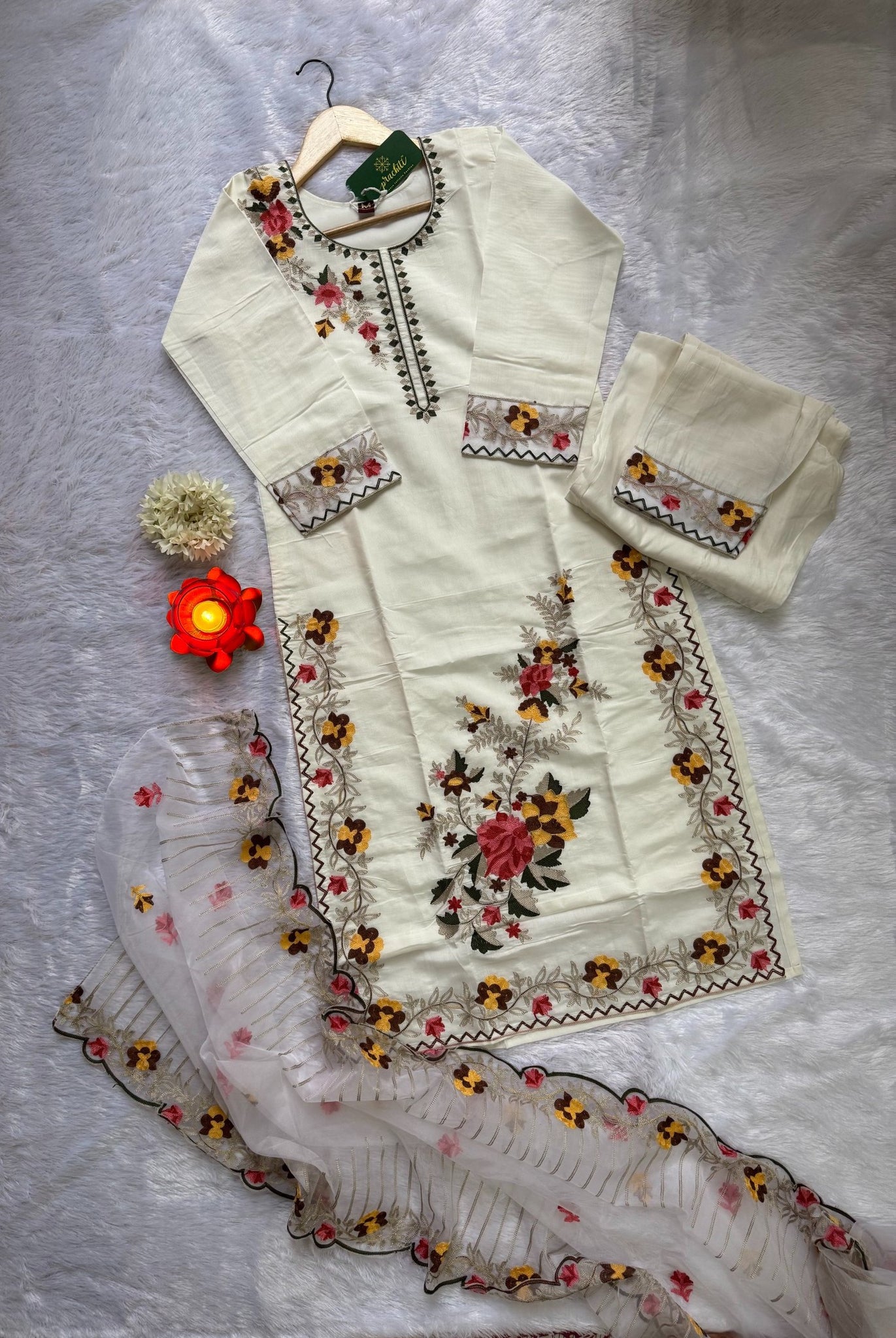White Roman Silk Kurti with Organza Dupatta