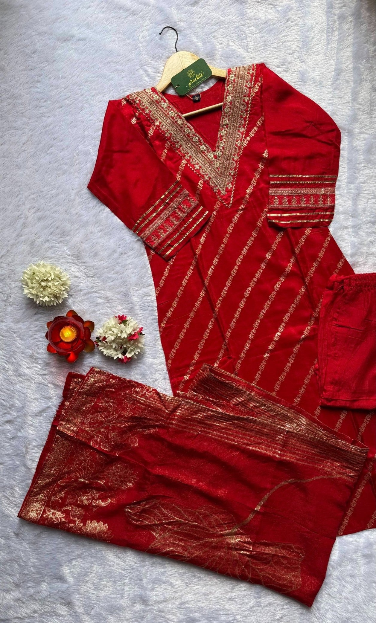 Red Muslin Kurti with Dupion Silk Dupatta