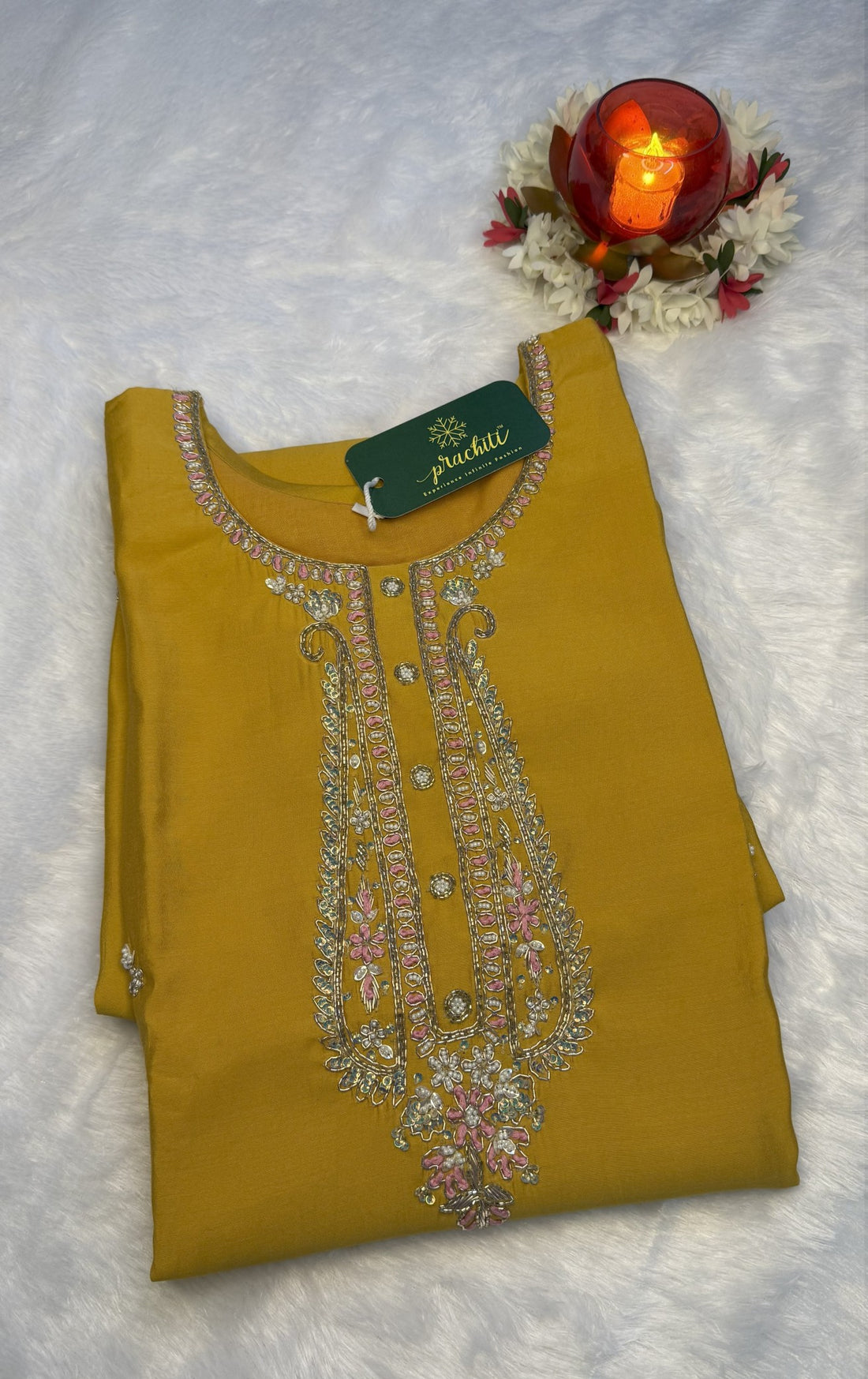 Yellow Roman Silk Kurti with Organza Banarasi Dupatta