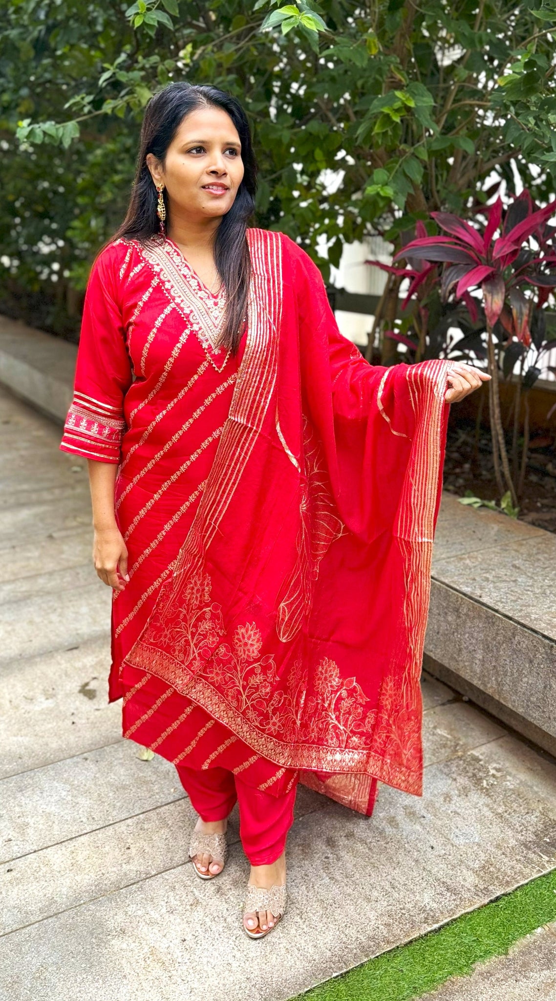 Red Muslin Kurti with Dupion Silk Dupatta