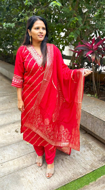 Red Muslin Kurti with Dupion Silk Dupatta