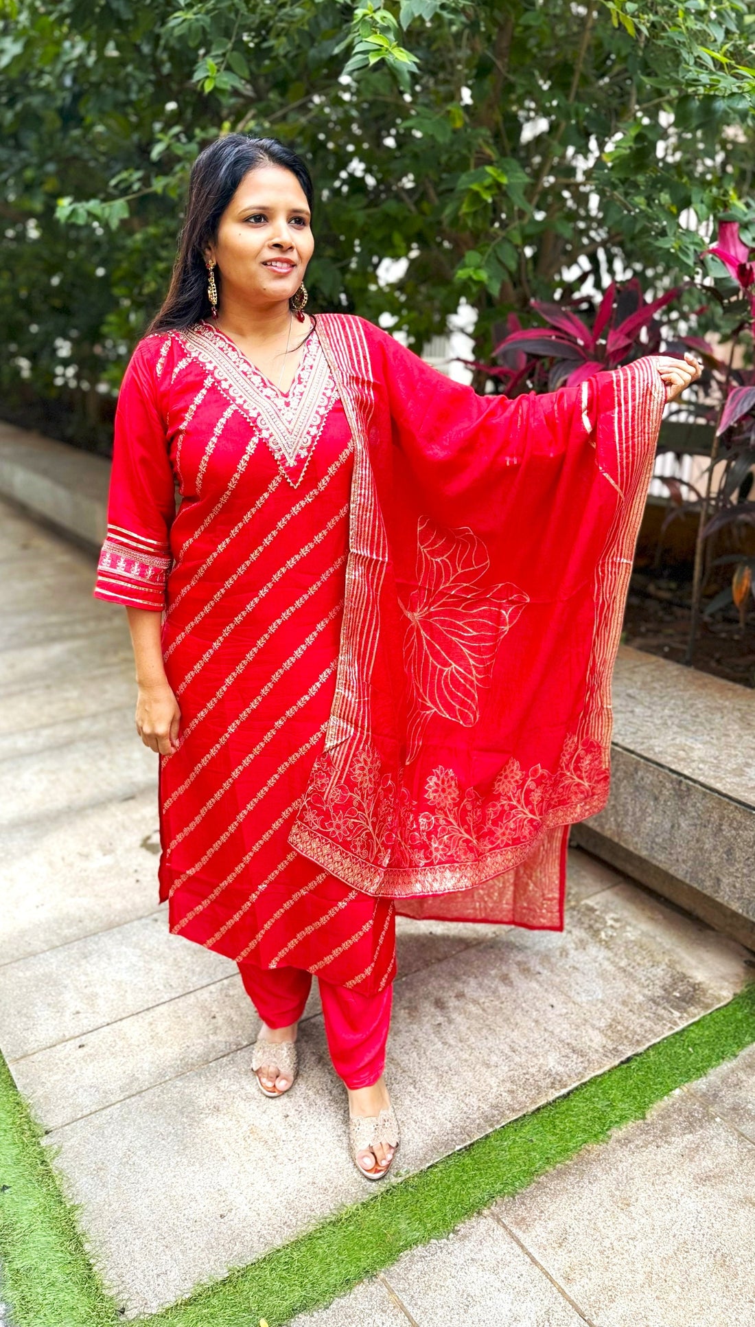 Red Muslin Kurti with Dupion Silk Dupatta