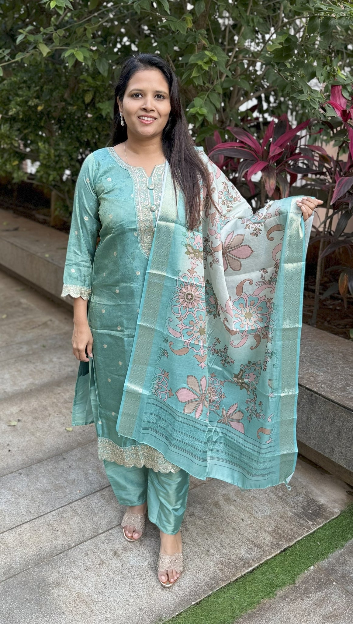 Green Shimmer Suit with Banarasi Dupatta