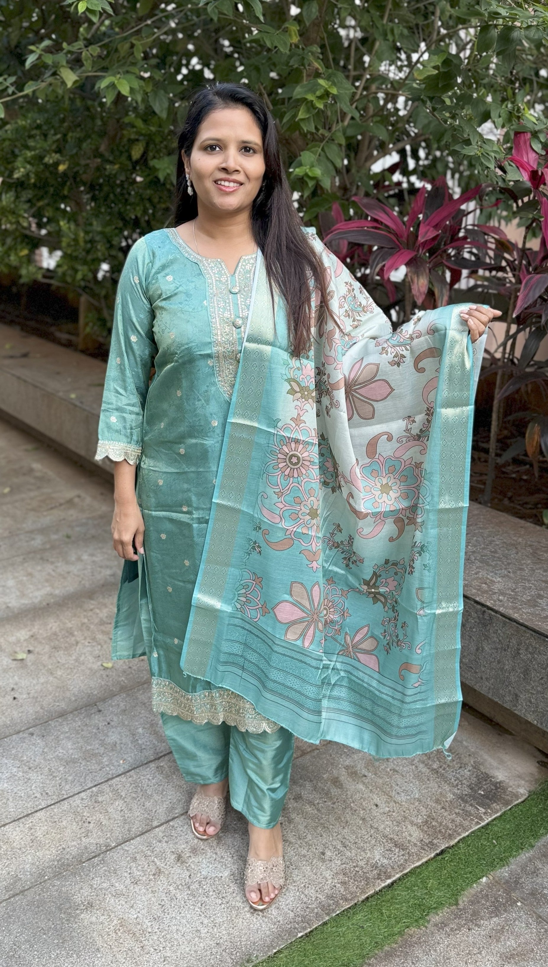 Green Shimmer Suit with Banarasi Dupatta