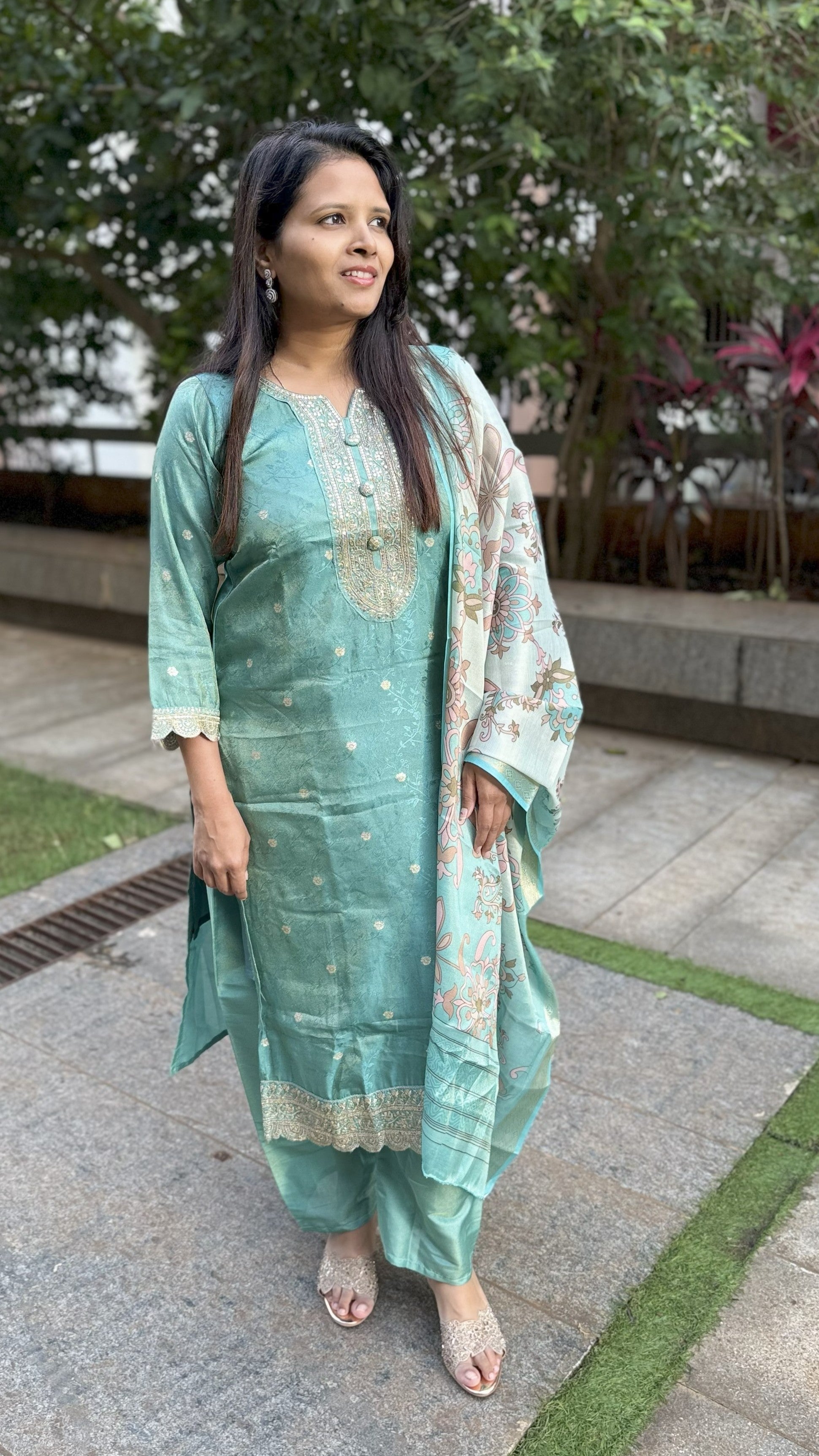 Green Shimmer Suit with Banarasi Dupatta