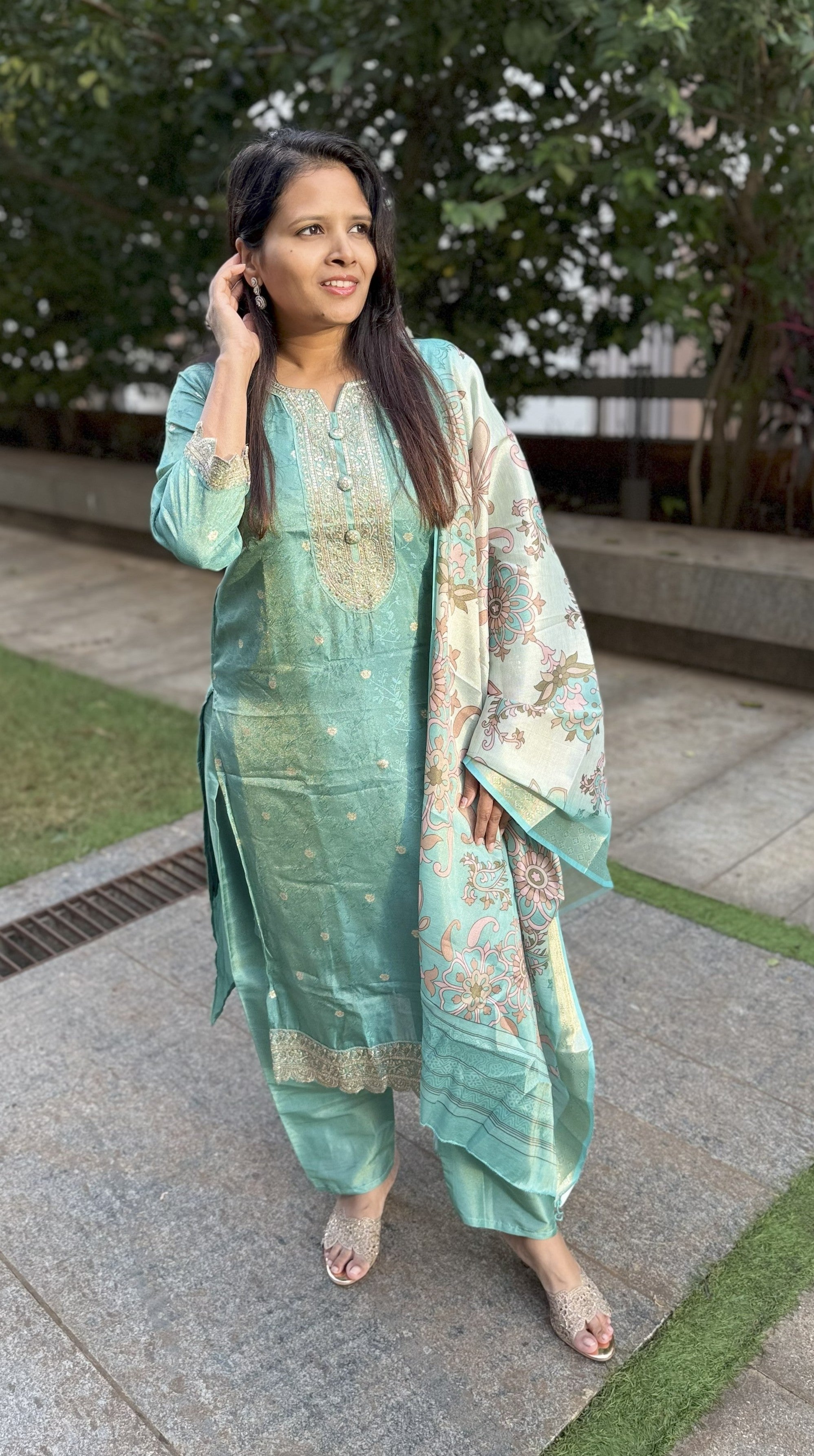 Green Shimmer Suit with Banarasi Dupatta