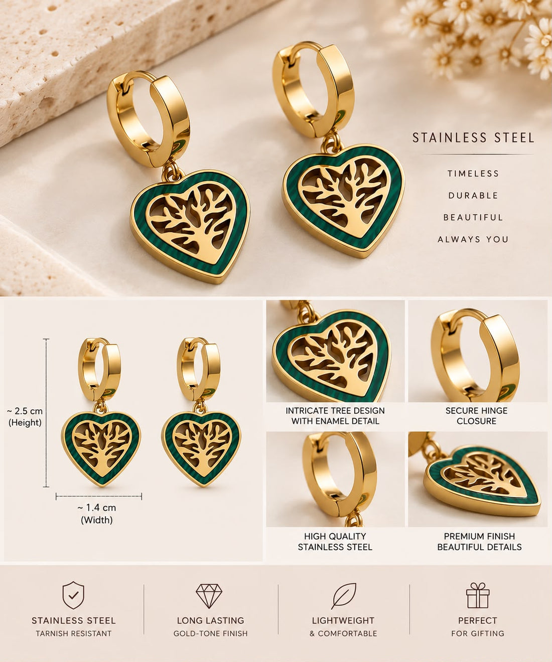 Golden Tree of Life Heart Hoop Earrings – Green Enamel Finish