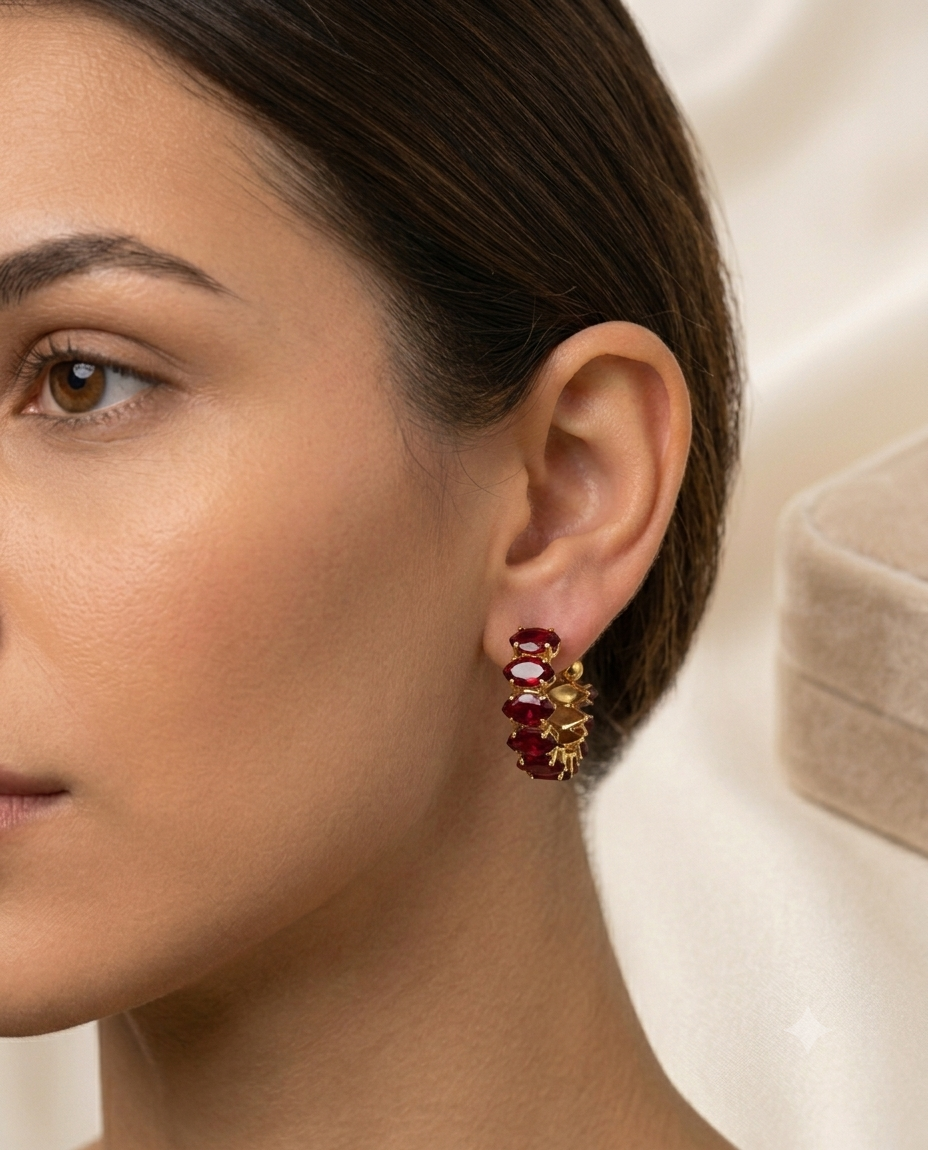 Ruby Radiance Oval-Cut Gold Hoop Earrings