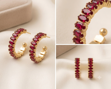Ruby Radiance Oval-Cut Gold Hoop Earrings