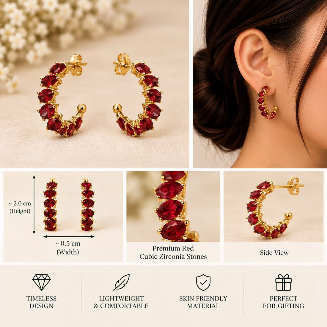 Ruby Radiance Oval-Cut Gold Hoop Earrings
