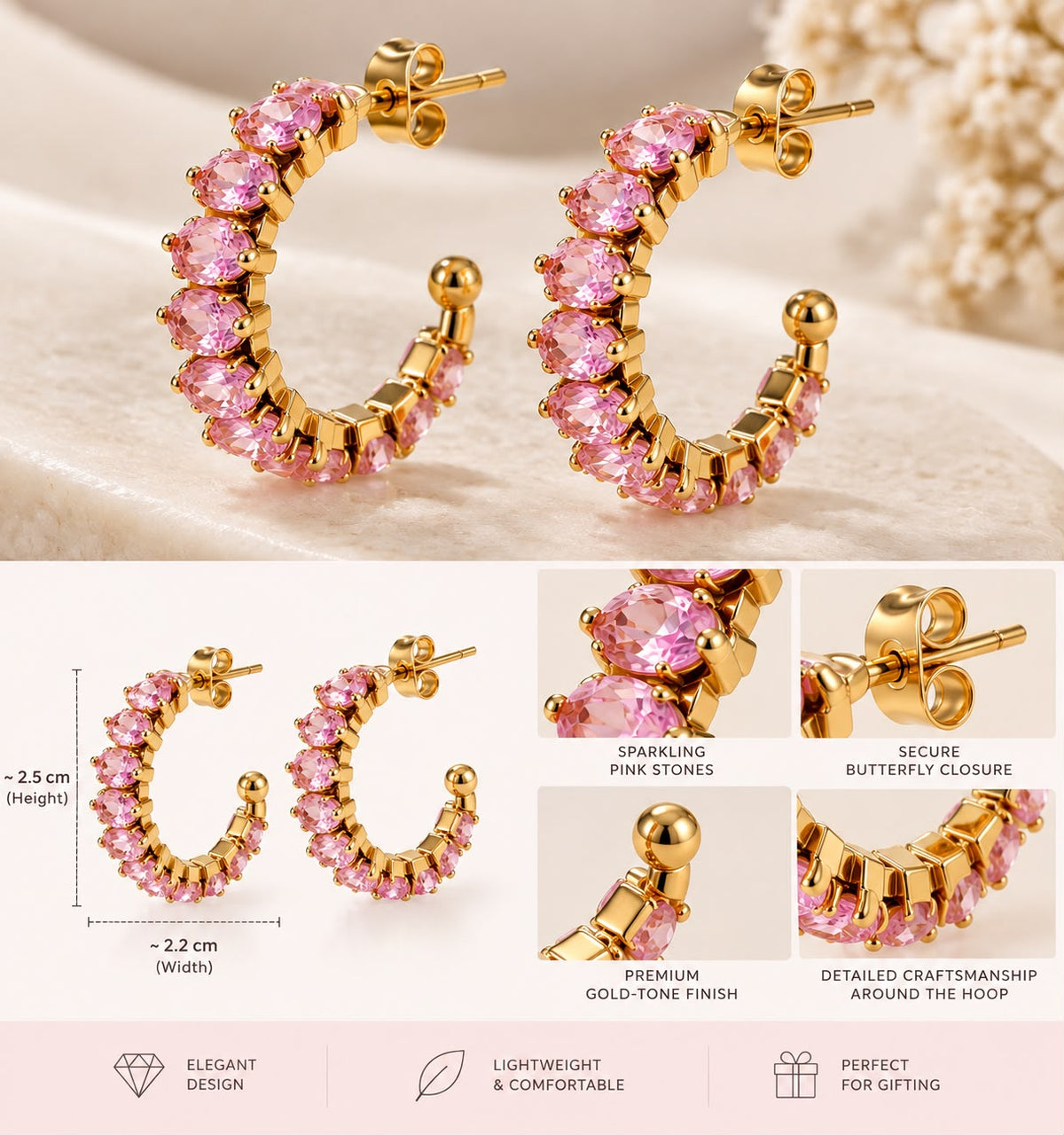 Blush Rose Oval-Cut Gold Hoop Earrings