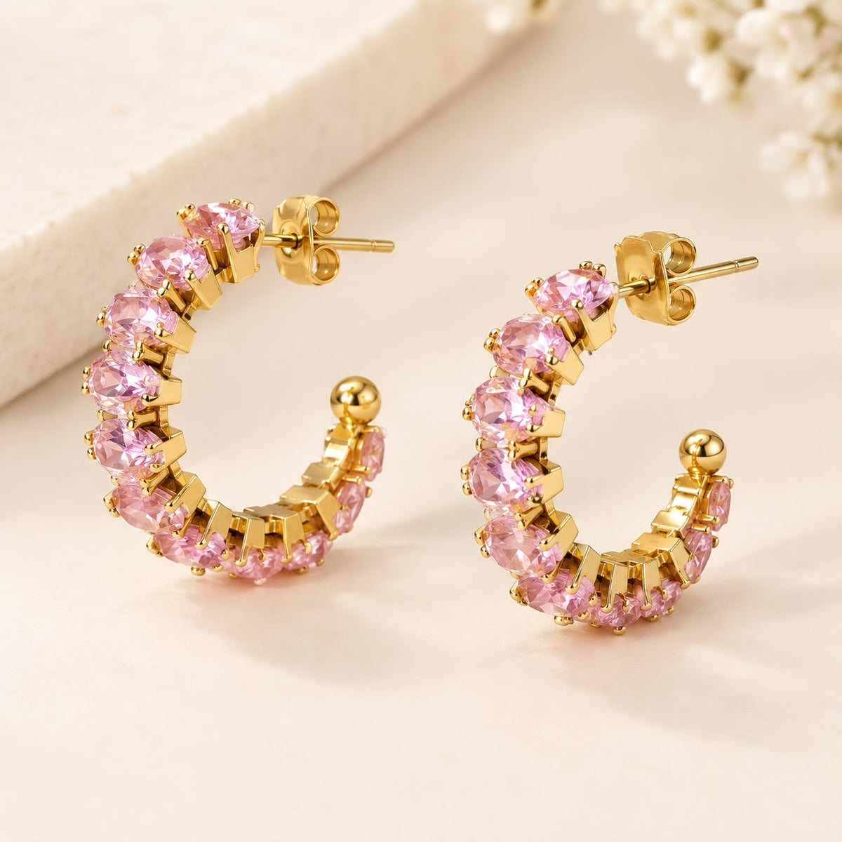Blush Rose Oval-Cut Gold Hoop Earrings