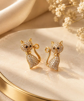 Golden Feline Pavé Crystal Stud Earrings