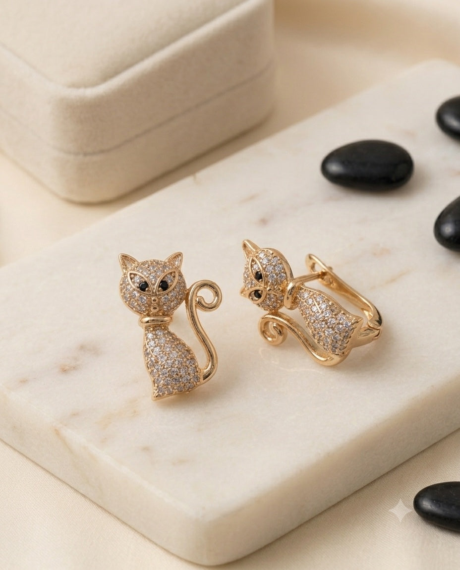 Golden Feline Pavé Crystal Stud Earrings