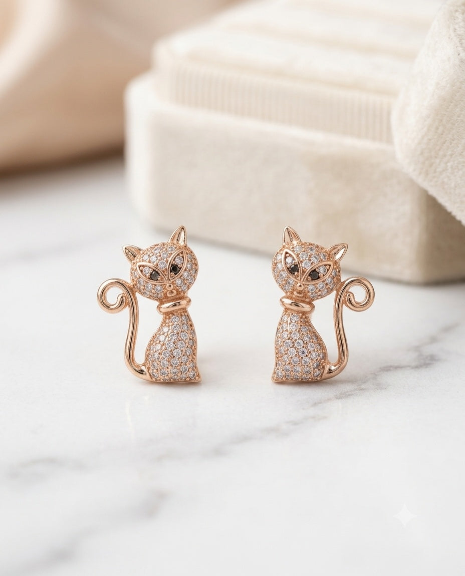 Golden Feline Pavé Crystal Stud Earrings