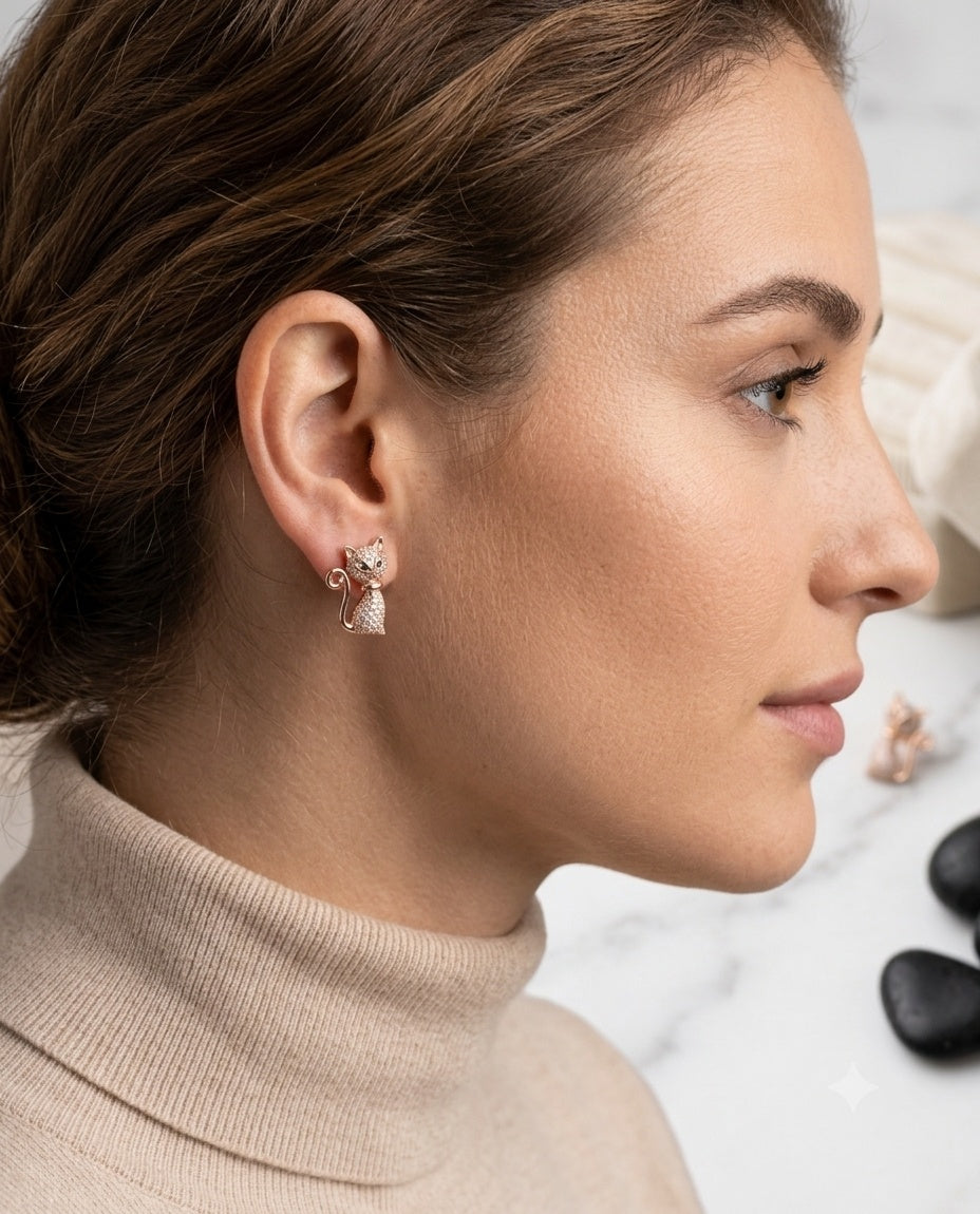 Golden Feline Pavé Crystal Stud Earrings