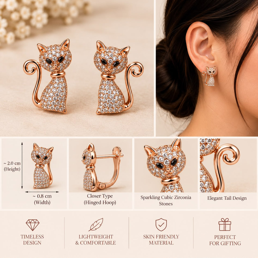 Golden Feline Pavé Crystal Stud Earrings