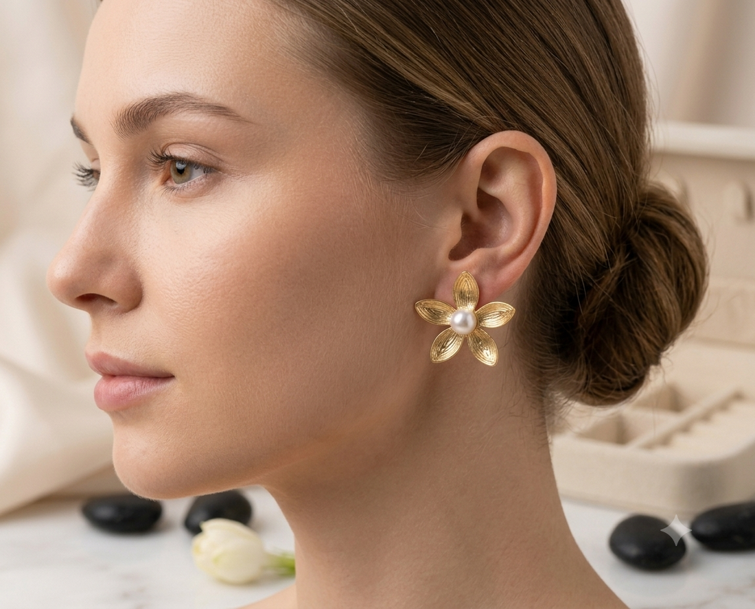 Gilded Blossom Pearl Stud Earrings