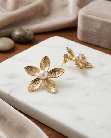 Gilded Blossom Pearl Stud Earrings