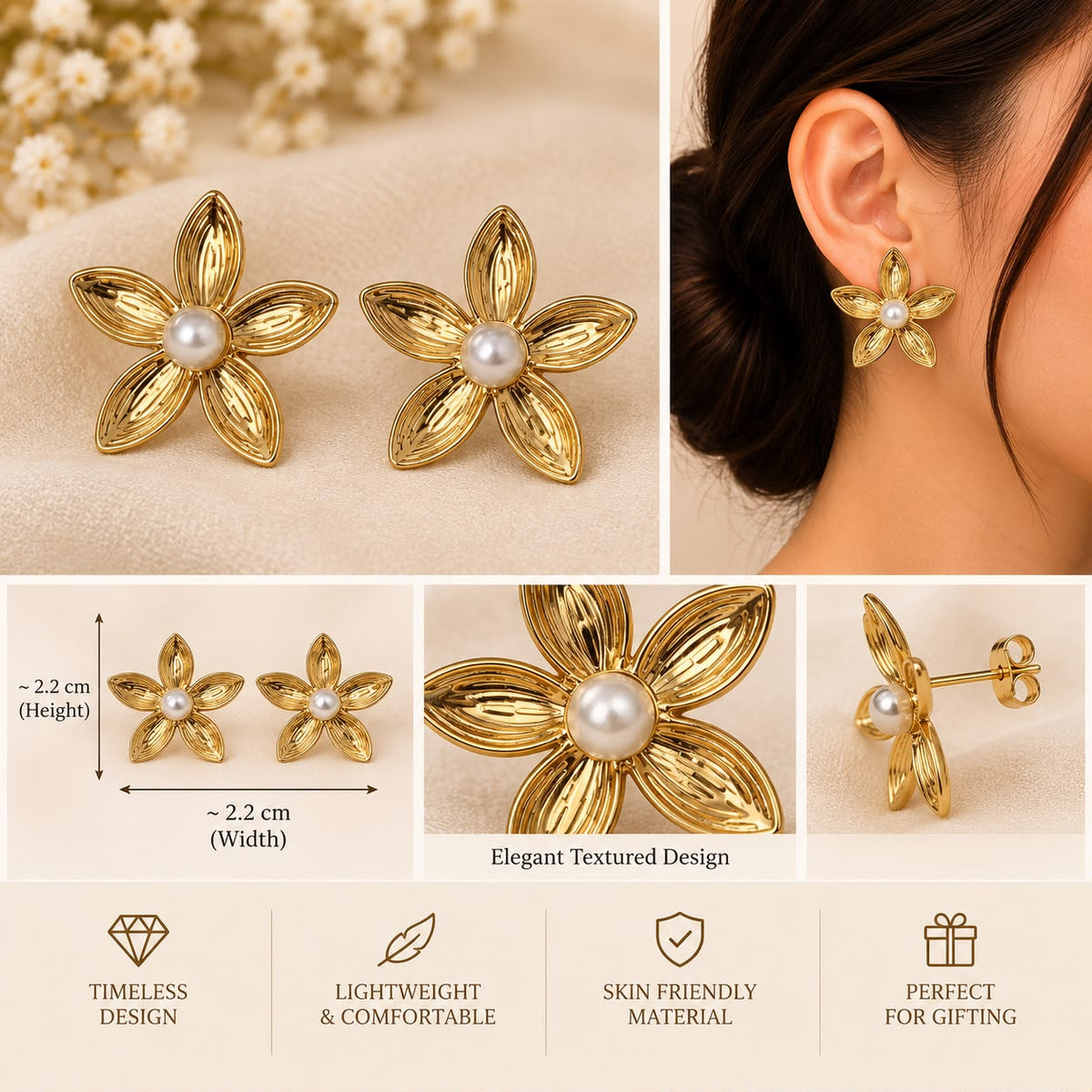 Gilded Blossom Pearl Stud Earrings