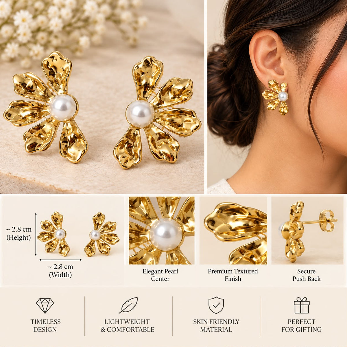 Gilded Flora Sculpted Pearl Statement Studs