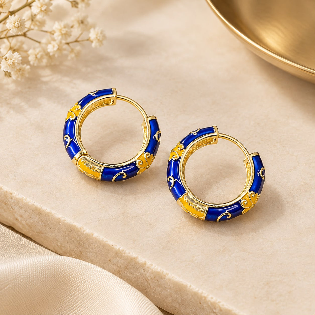Royal Blue Floral Enamel Hoop Earrings – Gold-Tone Finish