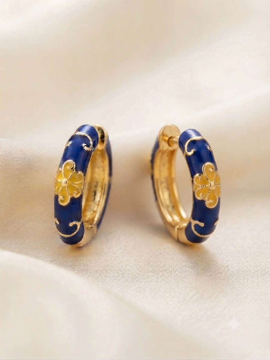 Royal Blue Floral Enamel Hoop Earrings – Gold-Tone Finish