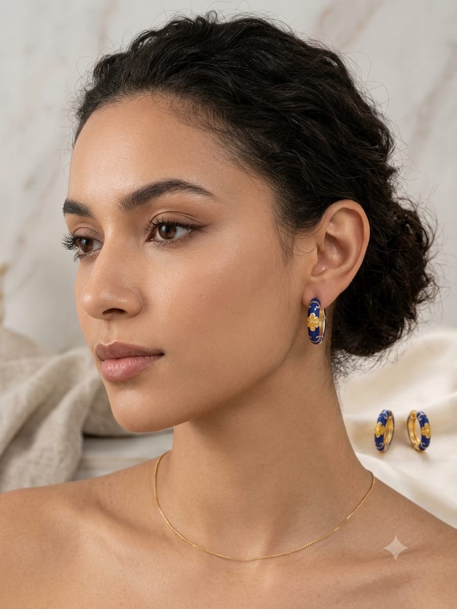 Royal Blue Floral Enamel Hoop Earrings – Gold-Tone Finish