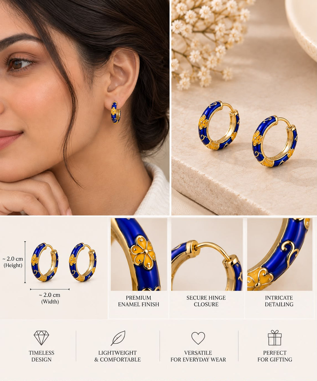 Royal Blue Floral Enamel Hoop Earrings – Gold-Tone Finish