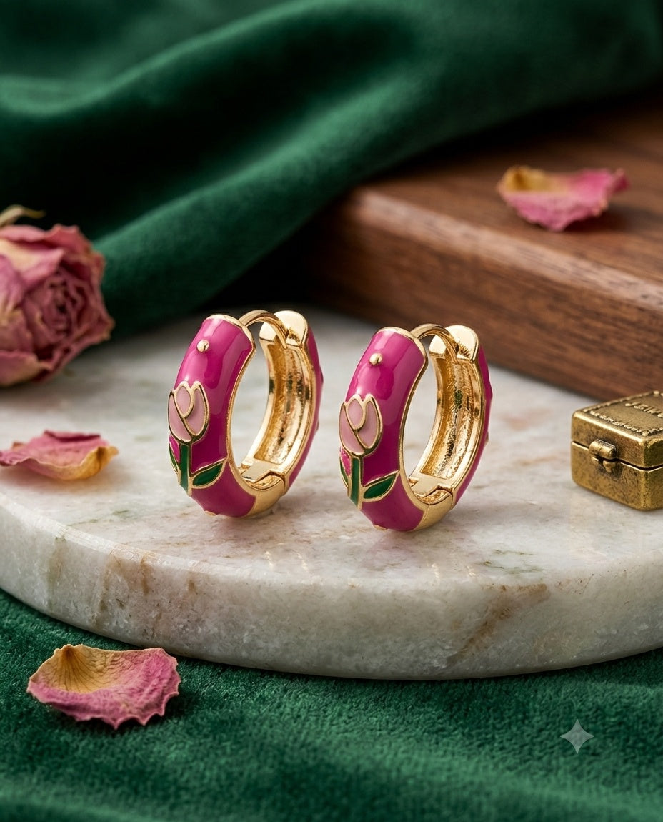 Pink Tulip Floral Enamel Huggie Hoop Earrings – Gold-Tone Finish
