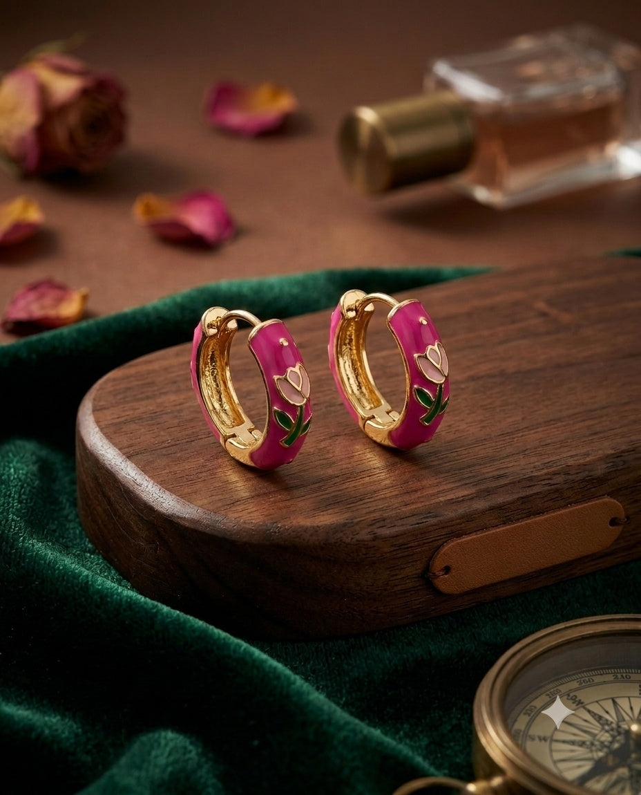 Pink Tulip Floral Enamel Huggie Hoop Earrings – Gold-Tone Finish
