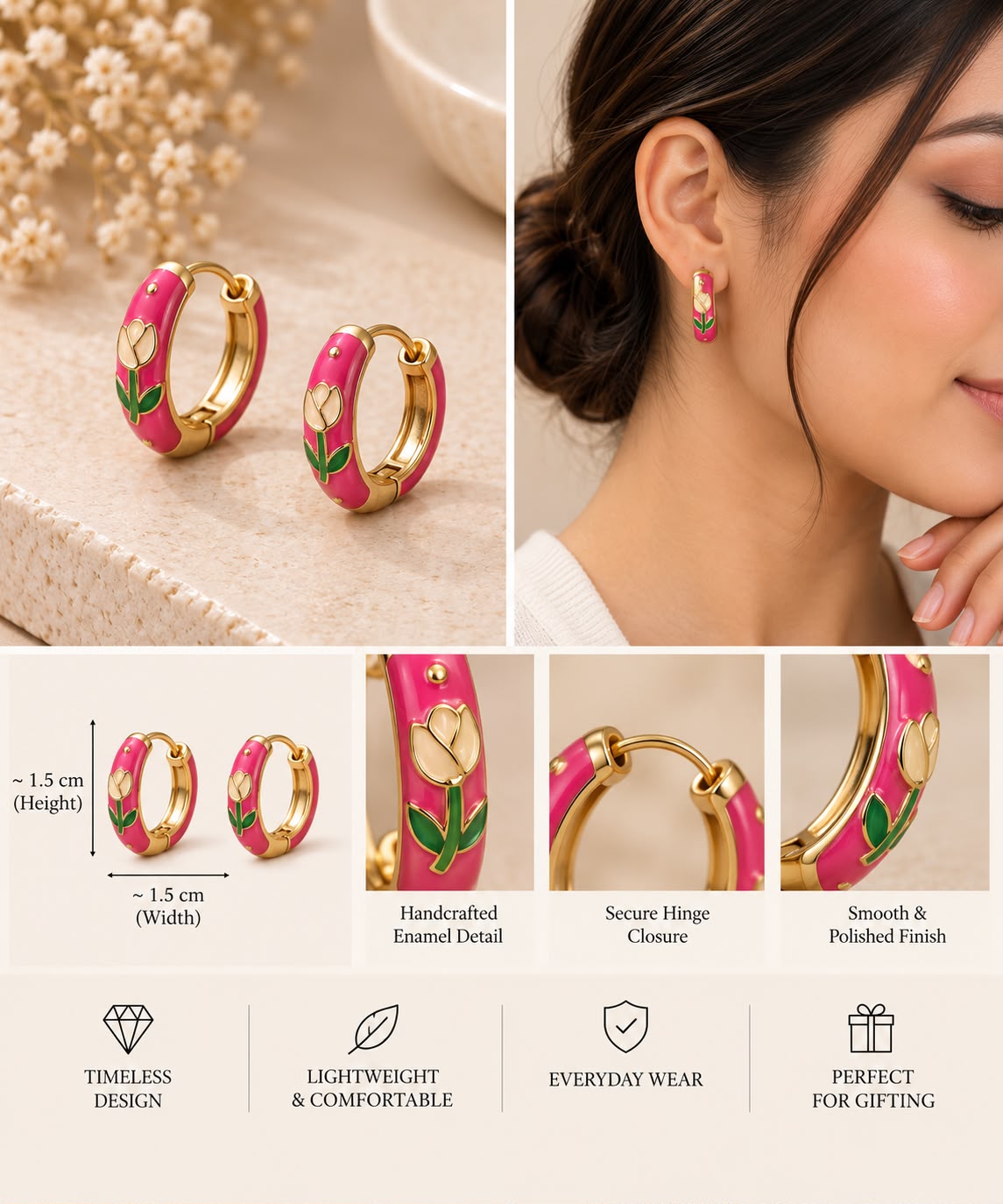 Pink Tulip Floral Enamel Huggie Hoop Earrings – Gold-Tone Finish