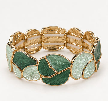 Emerald Green & Mint Pearlescent Textured Stretch Bracelet – Gold-Tone Finish