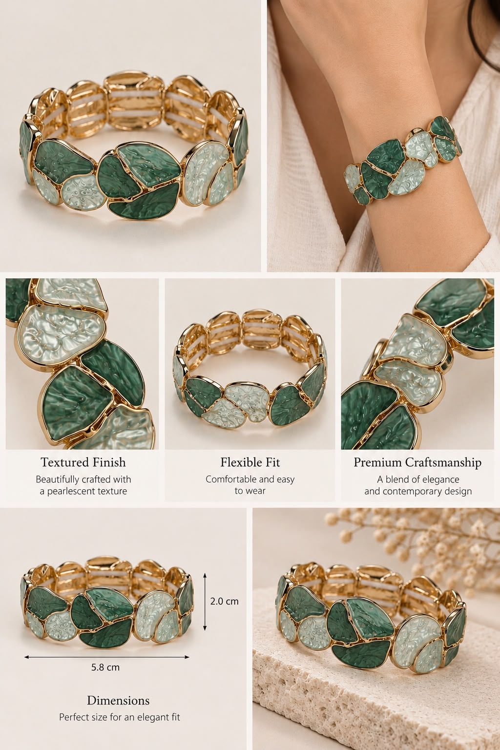 Emerald Green & Mint Pearlescent Textured Stretch Bracelet – Gold-Tone Finish