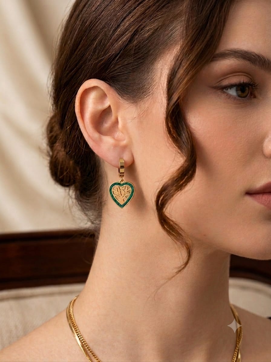 Golden Tree of Life Heart Hoop Earrings – Green Enamel Finish