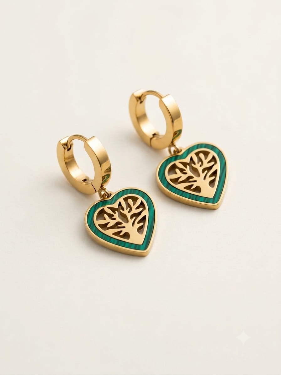 Golden Tree of Life Heart Hoop Earrings – Green Enamel Finish