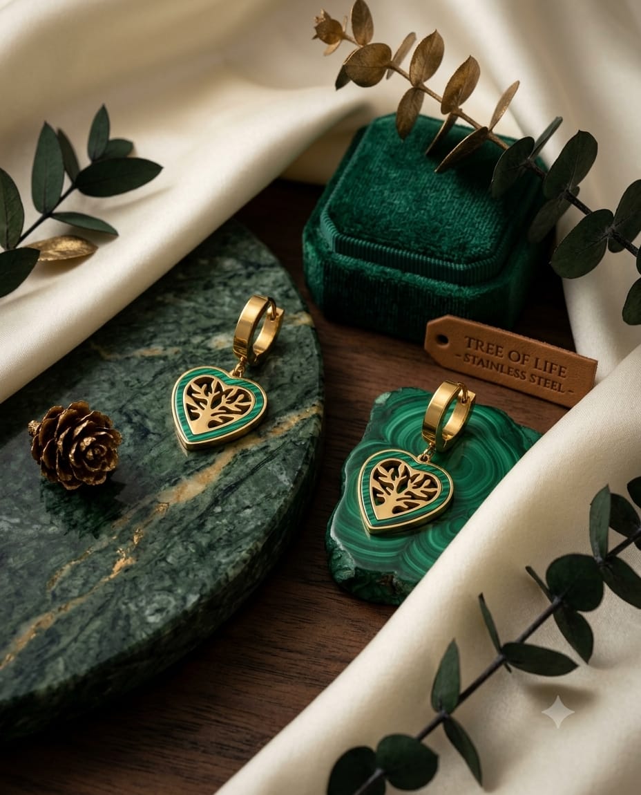 Golden Tree of Life Heart Hoop Earrings – Green Enamel Finish