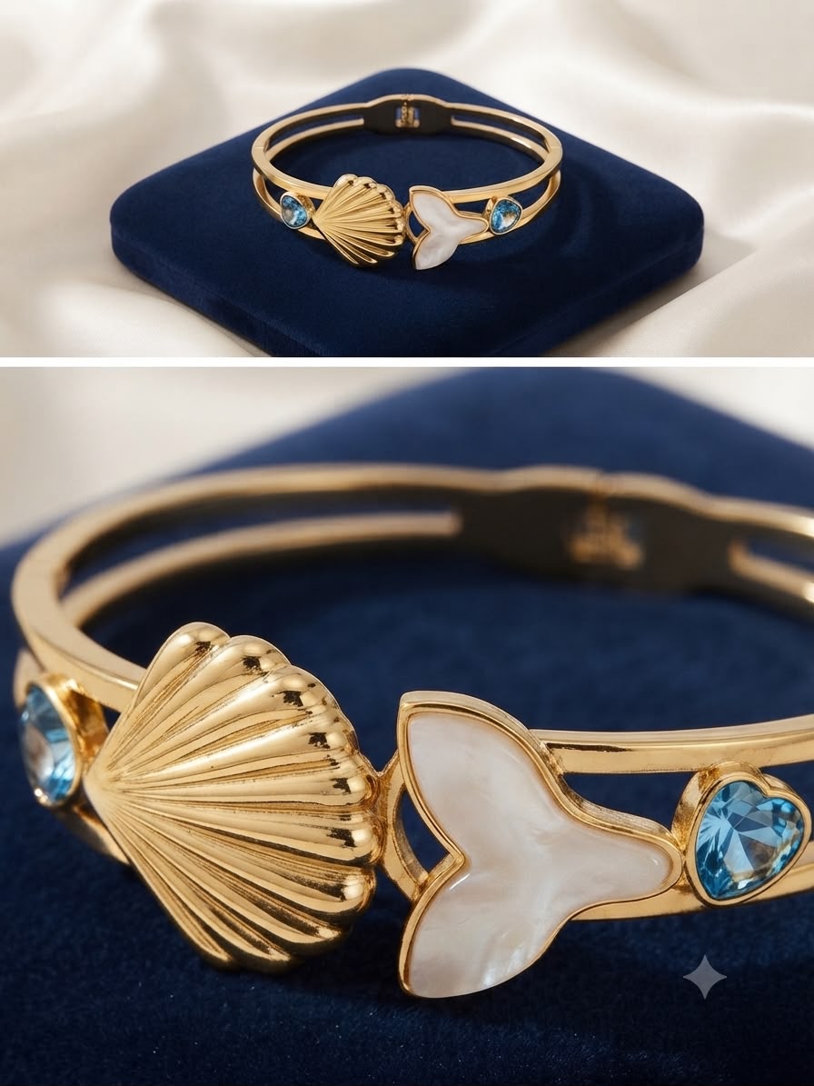 Ocean Siren Seashell & Mermaid Tail Bangle Bracelet – Gold-Tone Finish