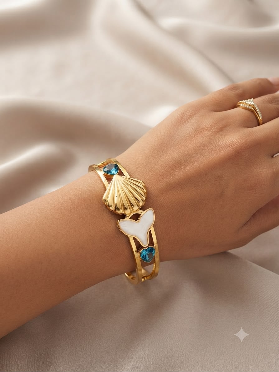 Ocean Siren Seashell & Mermaid Tail Bangle Bracelet – Gold-Tone Finish