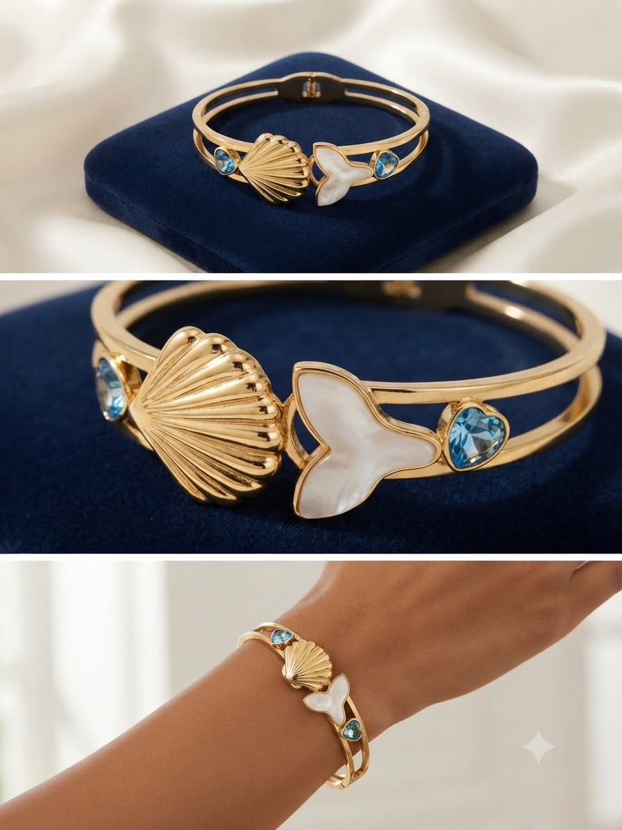 Ocean Siren Seashell & Mermaid Tail Bangle Bracelet – Gold-Tone Finish