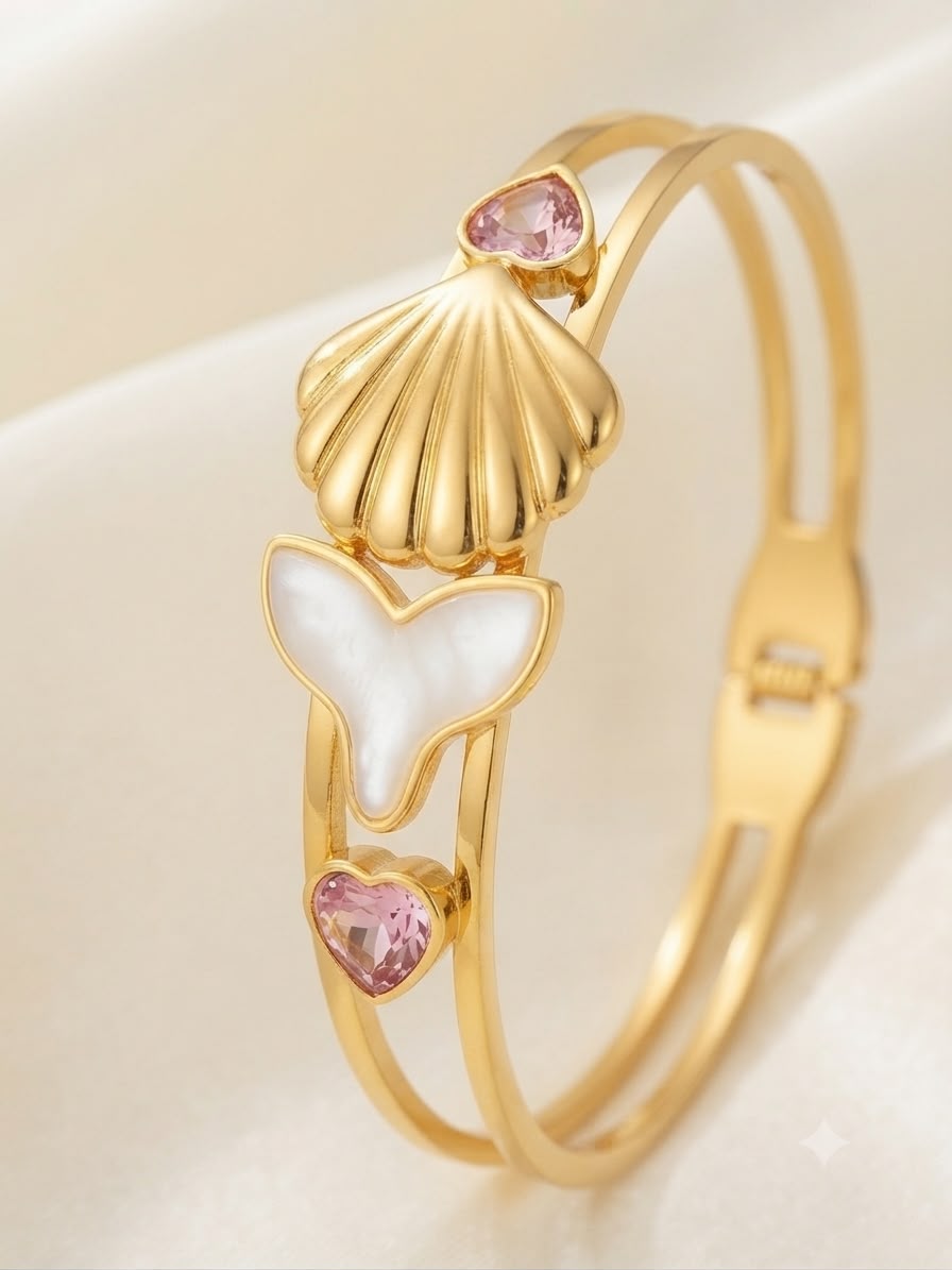 Sunset Siren Seashell & Mermaid Tail Bangle Bracelet – Gold-Tone Finish