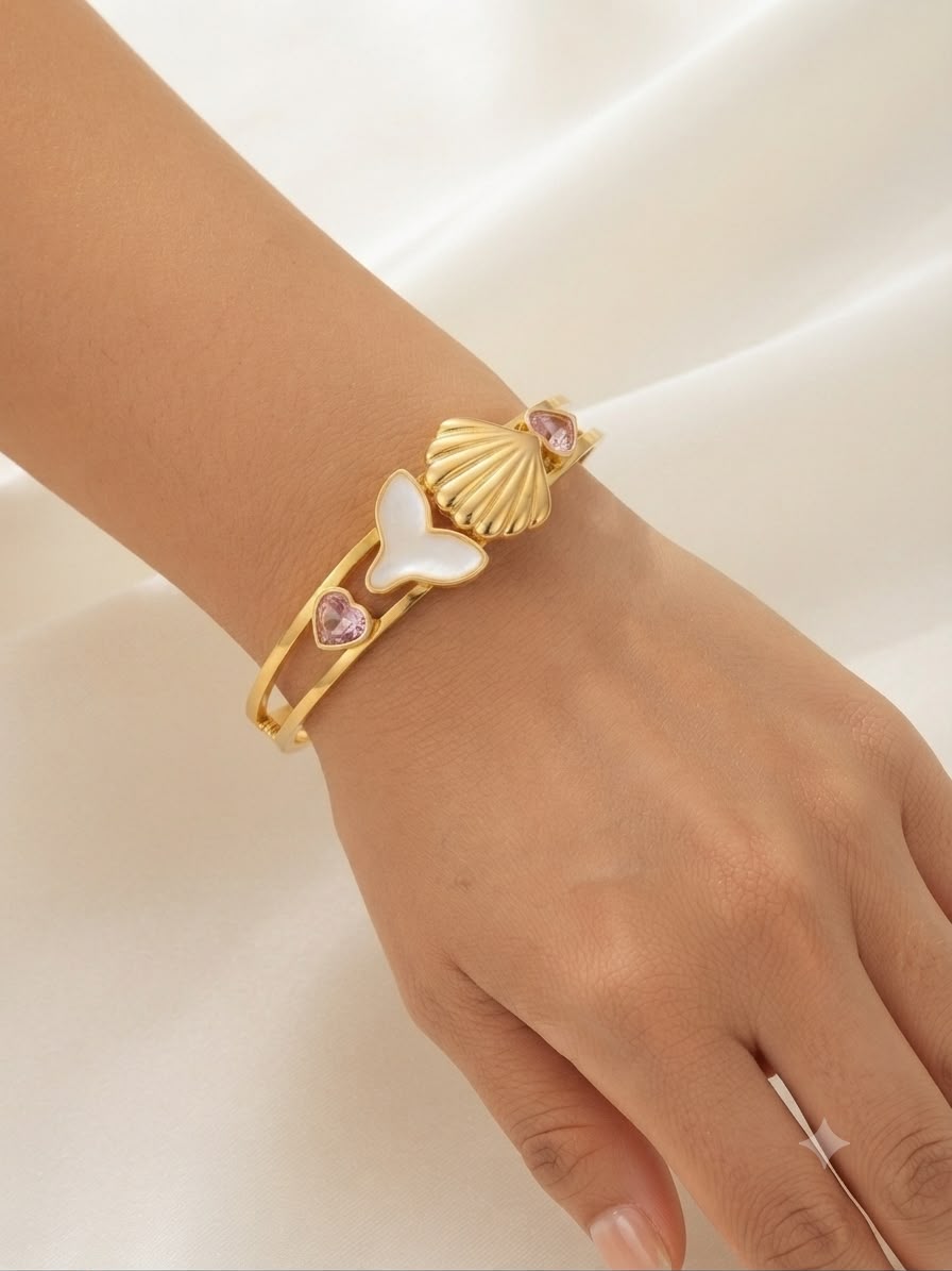 Sunset Siren Seashell & Mermaid Tail Bangle Bracelet – Gold-Tone Finish