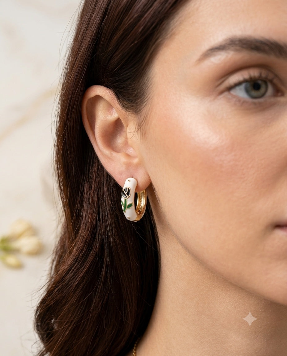 Black Floral Enamel Hoop Earrings – Gold-Tone Finish