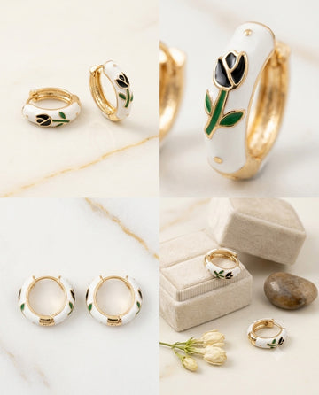 Black Floral Enamel Hoop Earrings – Gold-Tone Finish