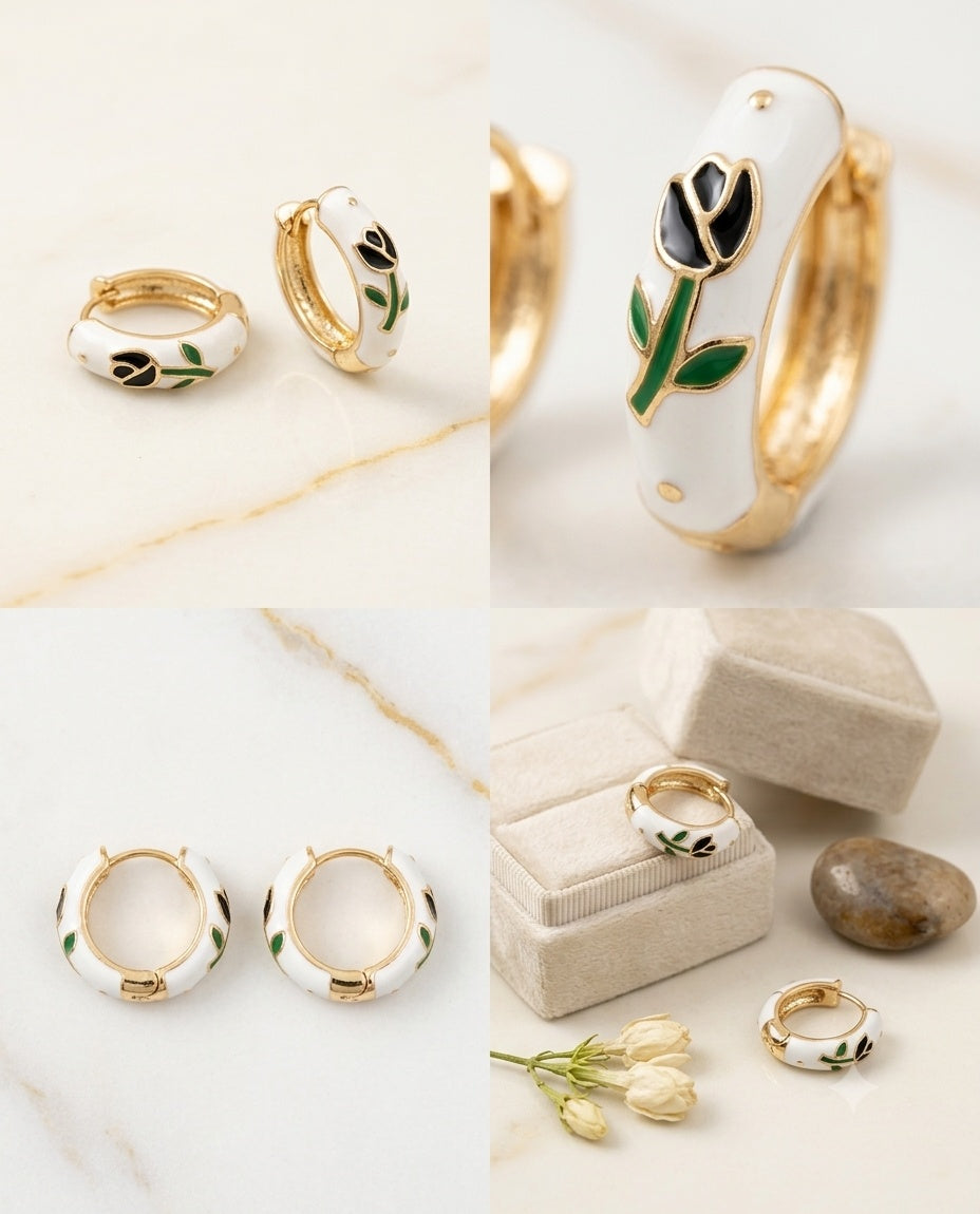 Black Floral Enamel Hoop Earrings – Gold-Tone Finish