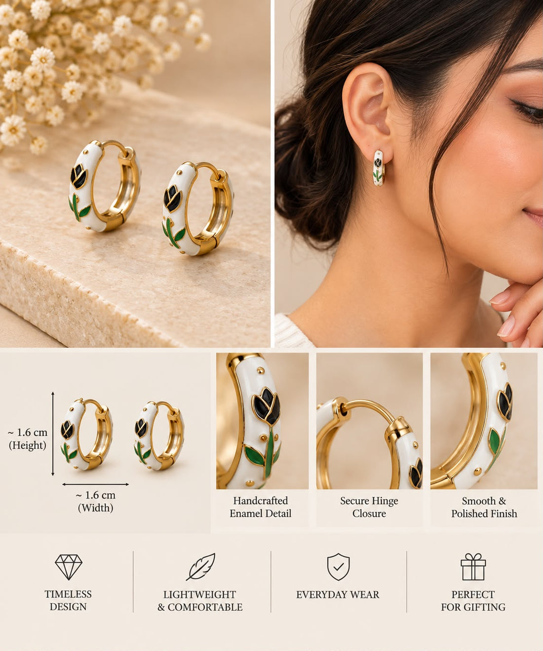 Black Floral Enamel Hoop Earrings – Gold-Tone Finish
