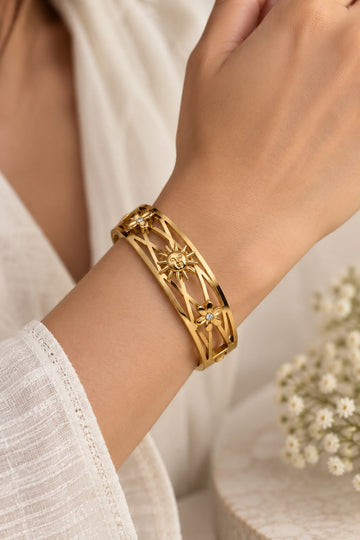 Celestial Sol & Blossom Openwork Bangle Bracelet – Gold-Tone Finish