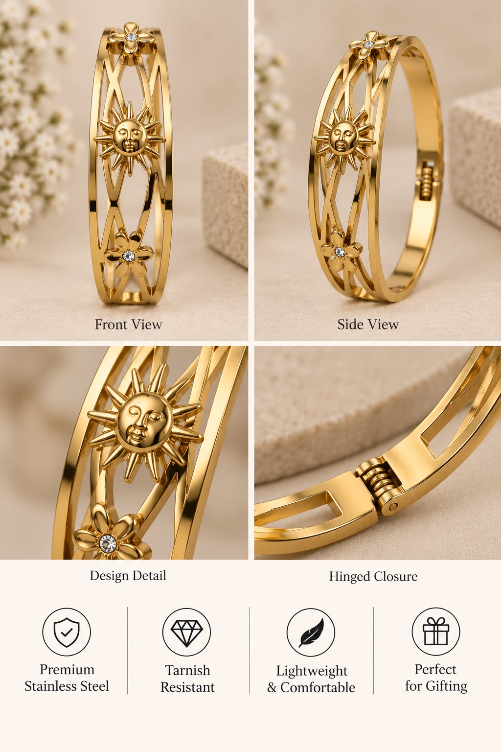 Celestial Sol & Blossom Openwork Bangle Bracelet – Gold-Tone Finish
